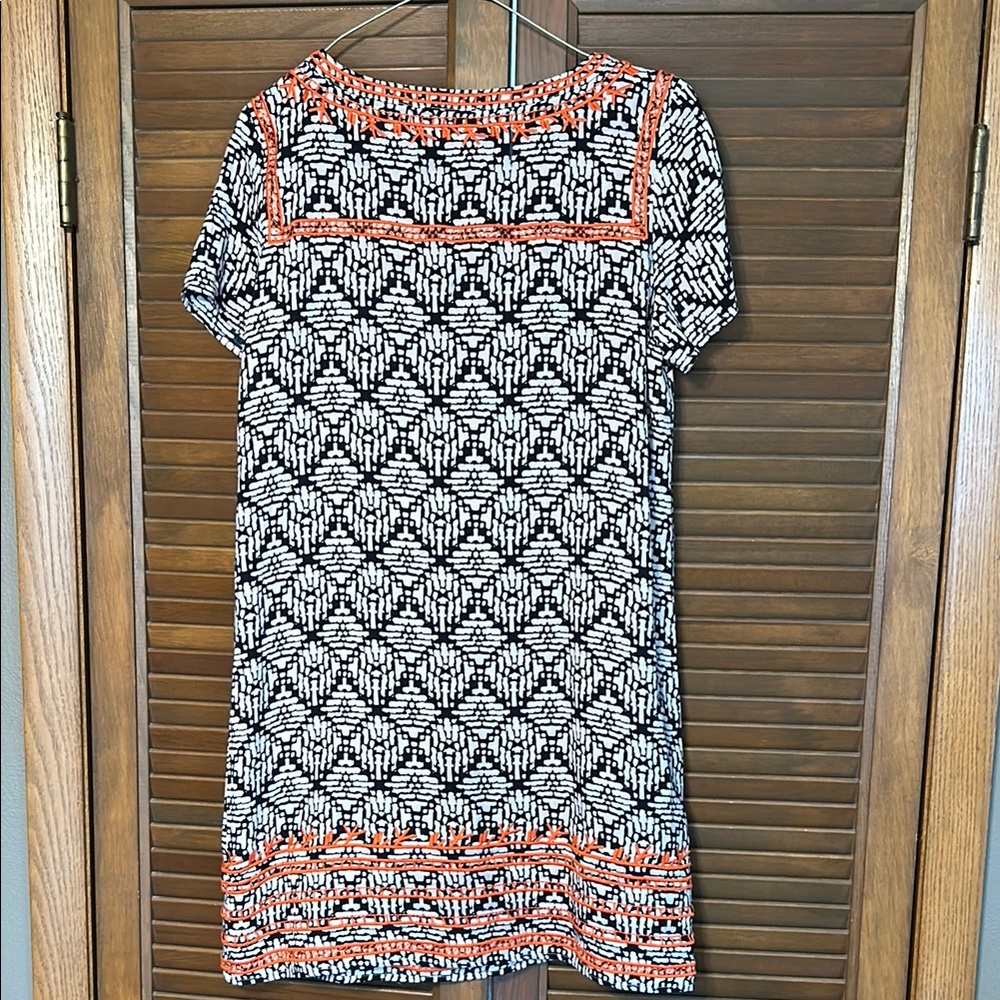 THML Navy Blue and White Geometric Dress with Orange Accents Size M - 100% Rayon - Picture 3 of 4